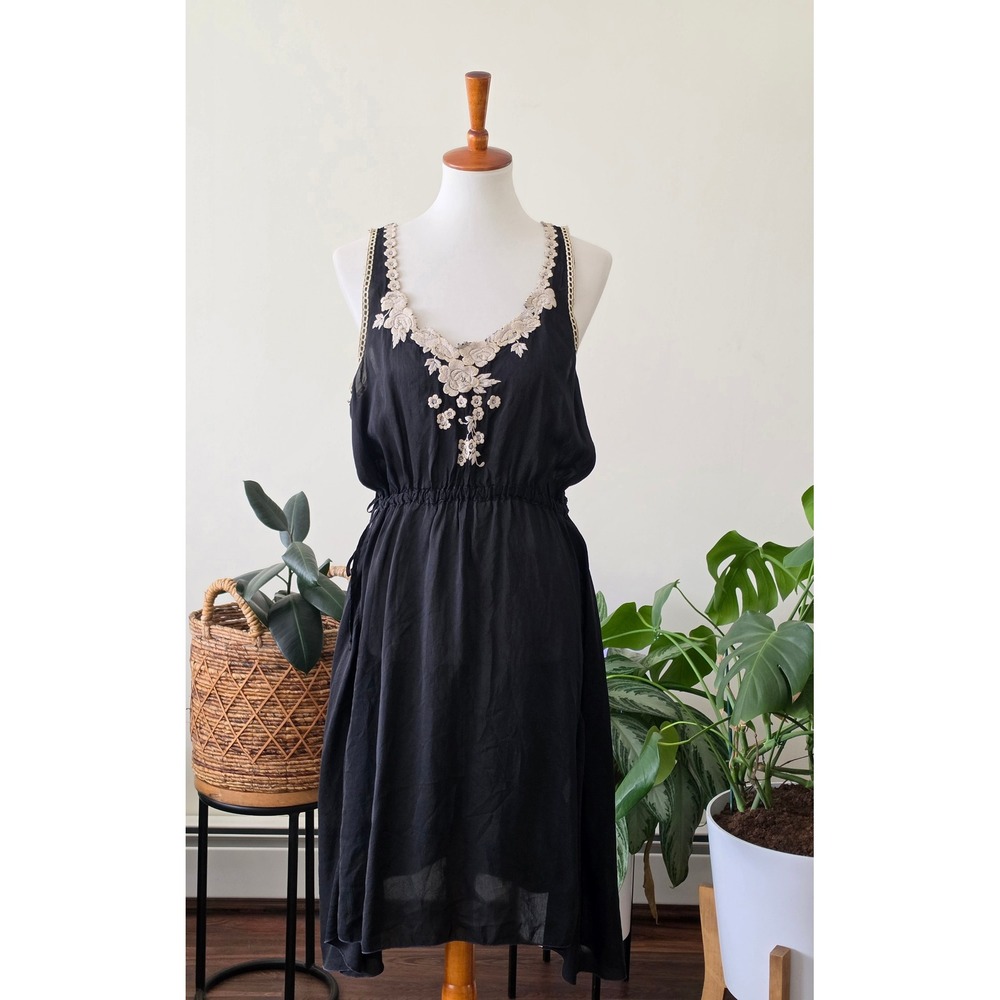 Johnny Was Black Cupra Rayon Embroidered V-Neck Midi Dress Tie Waist Womens